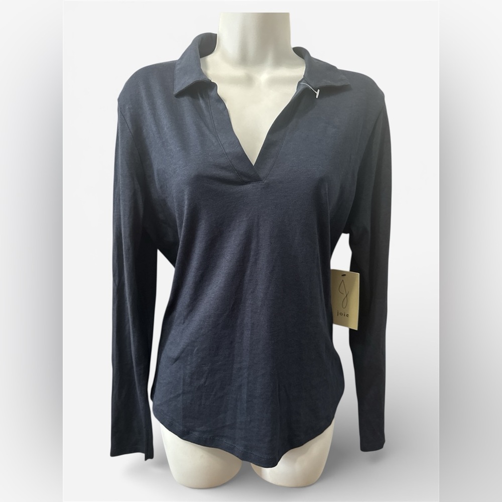 Joie blue v neck collared navy blue cotton top size large